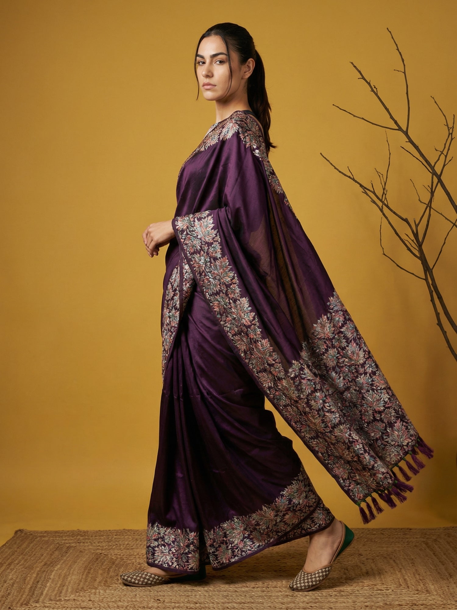 Wine Soft Tropical Floral Printed Silk Saree
