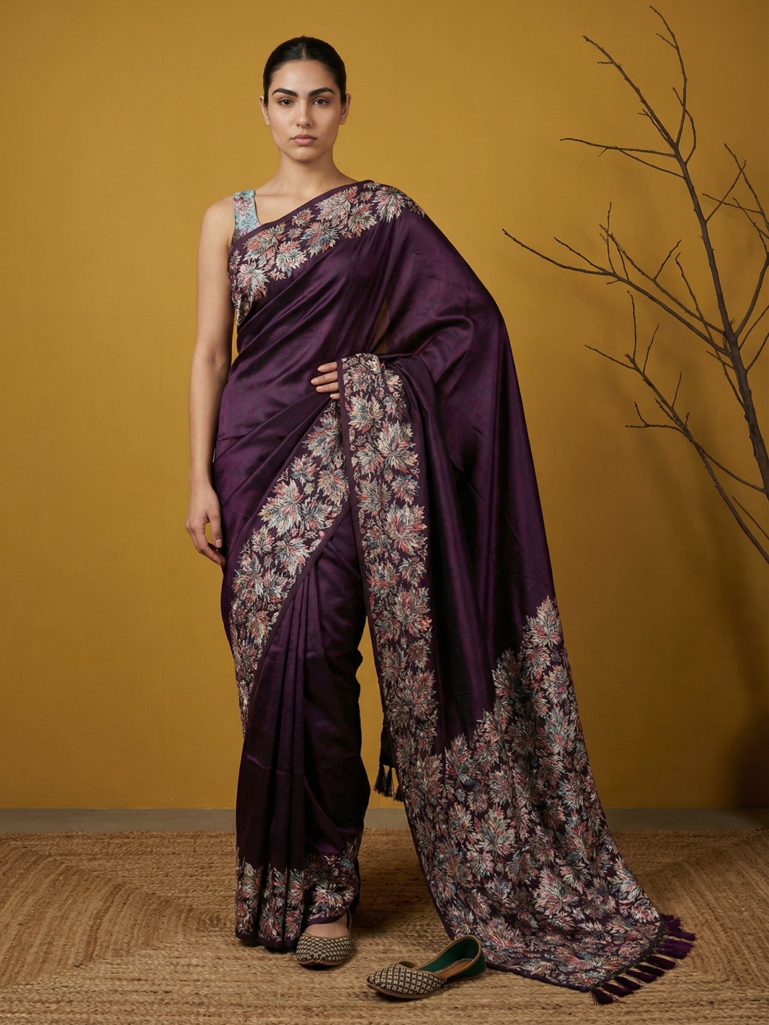 Wine Soft Tropical Floral Printed Silk Saree