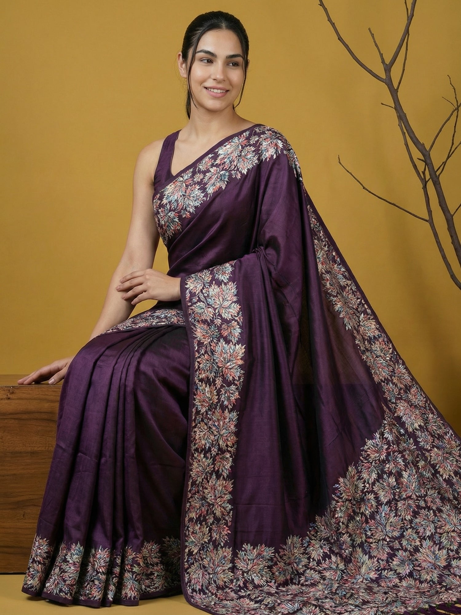 Wine Soft Tropical Floral Printed Silk Saree
