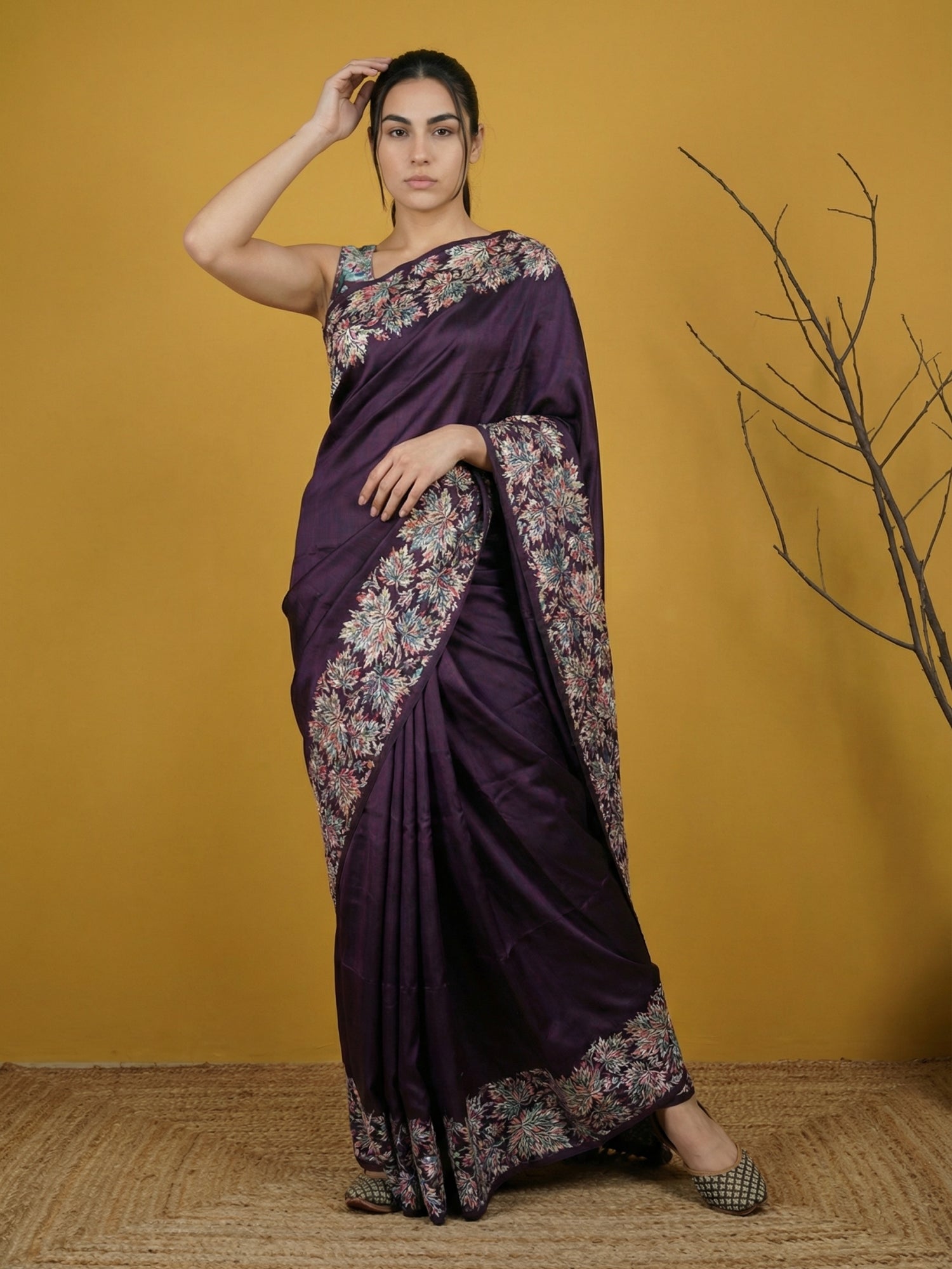 Wine Soft Tropical Floral Printed Silk Saree