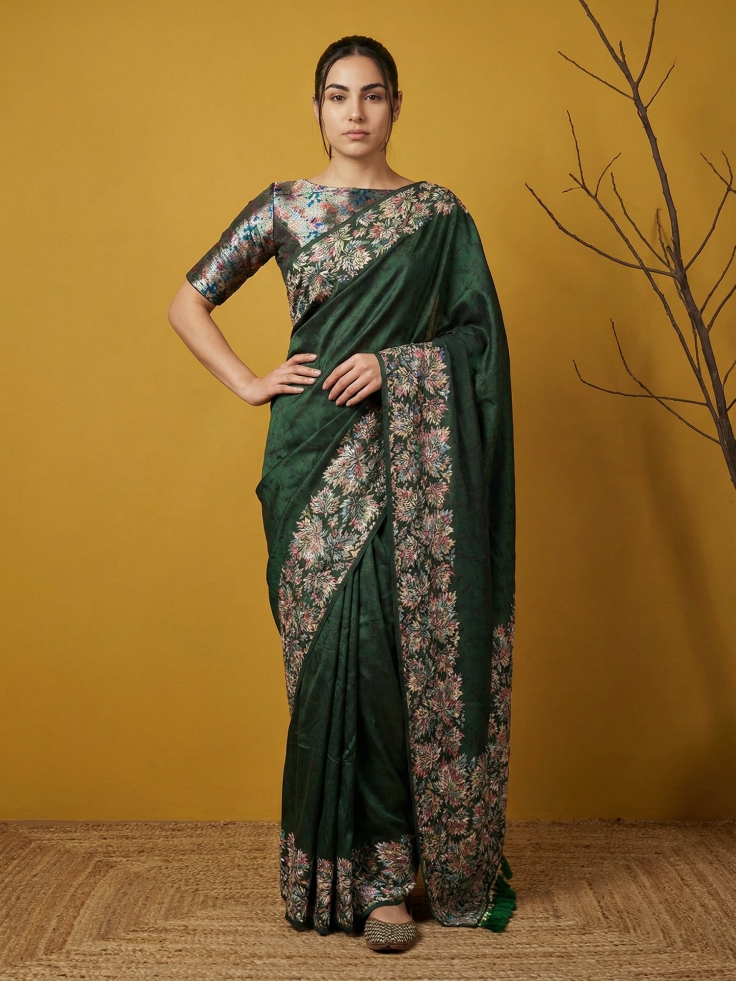 Bottle Green Soft Tropical Floral Printed Silk Saree