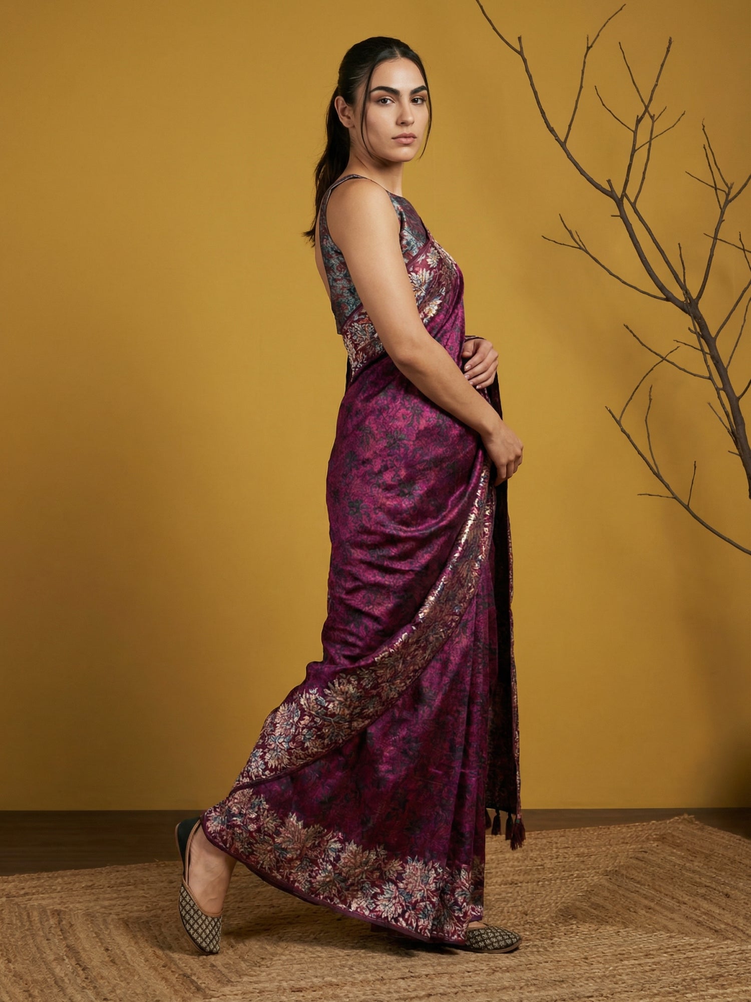 Pink Soft Tropical Floral Printed Silk Saree