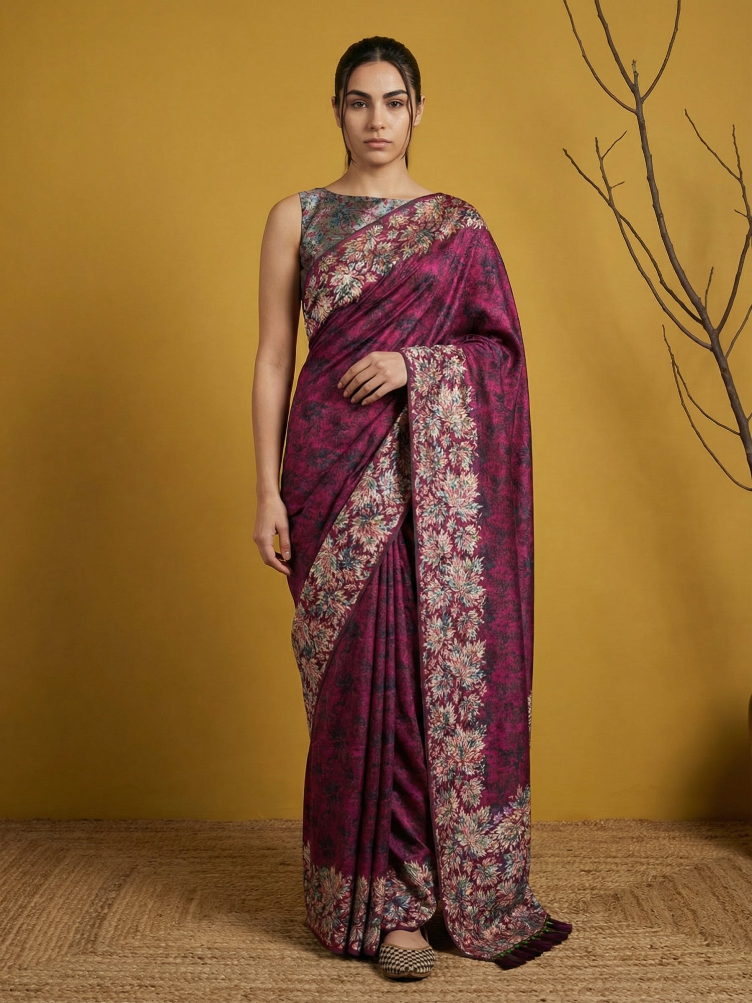 Pink Soft Tropical Floral Printed Silk Saree