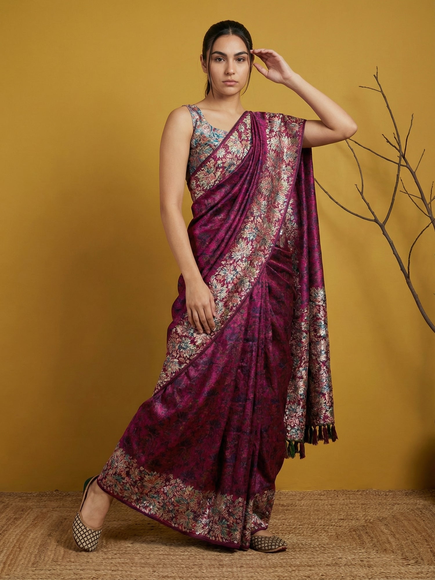 Pink Soft Tropical Floral Printed Silk Saree