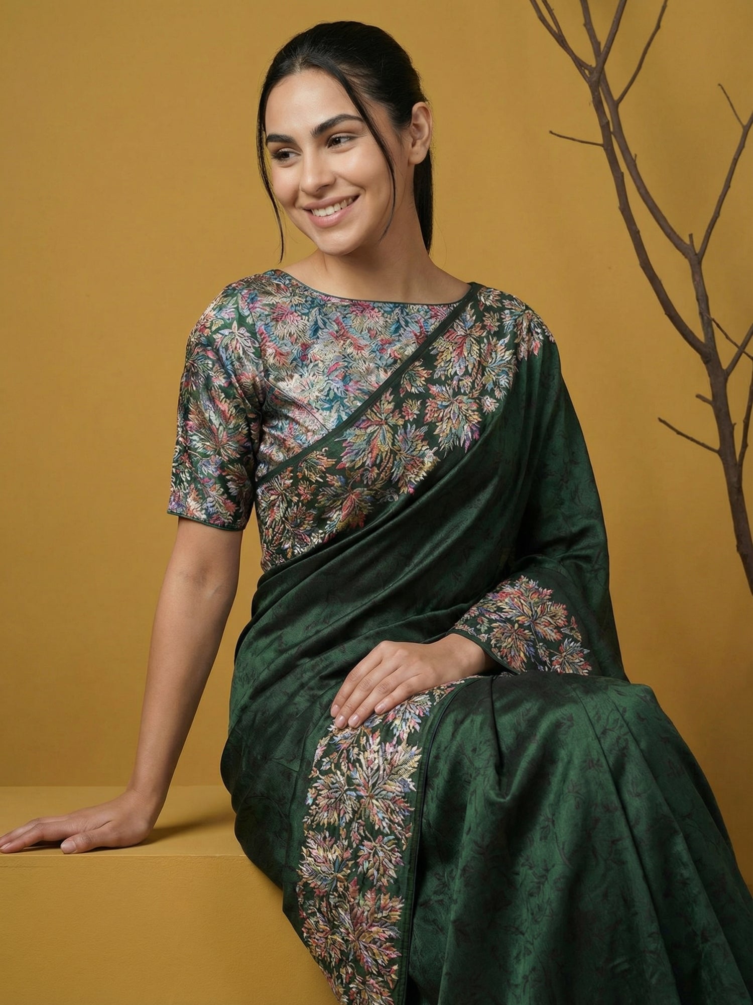Bottle Green Soft Tropical Floral Printed Silk Saree