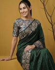Bottle Green Soft Tropical Floral Printed Silk Saree