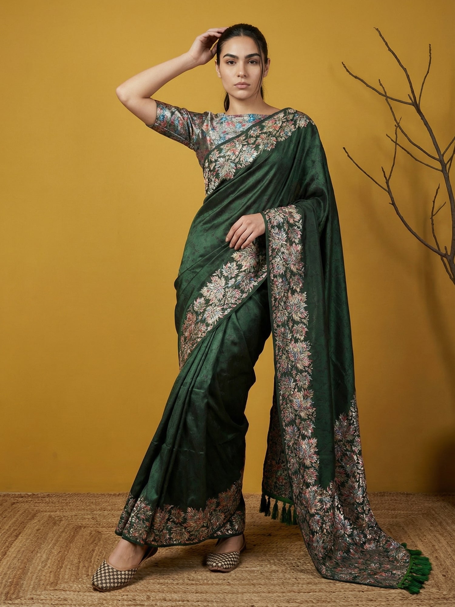 Bottle Green Soft Tropical Floral Printed Silk Saree