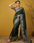 Bottle Green Soft Tropical Floral Printed Silk Saree