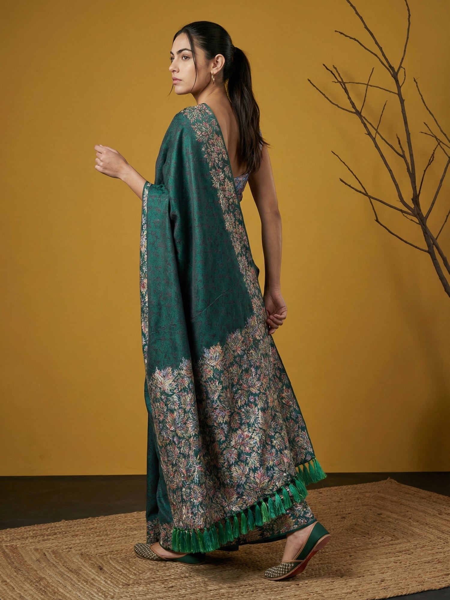 Rama Blue Soft Tropical Floral Printed Silk Saree