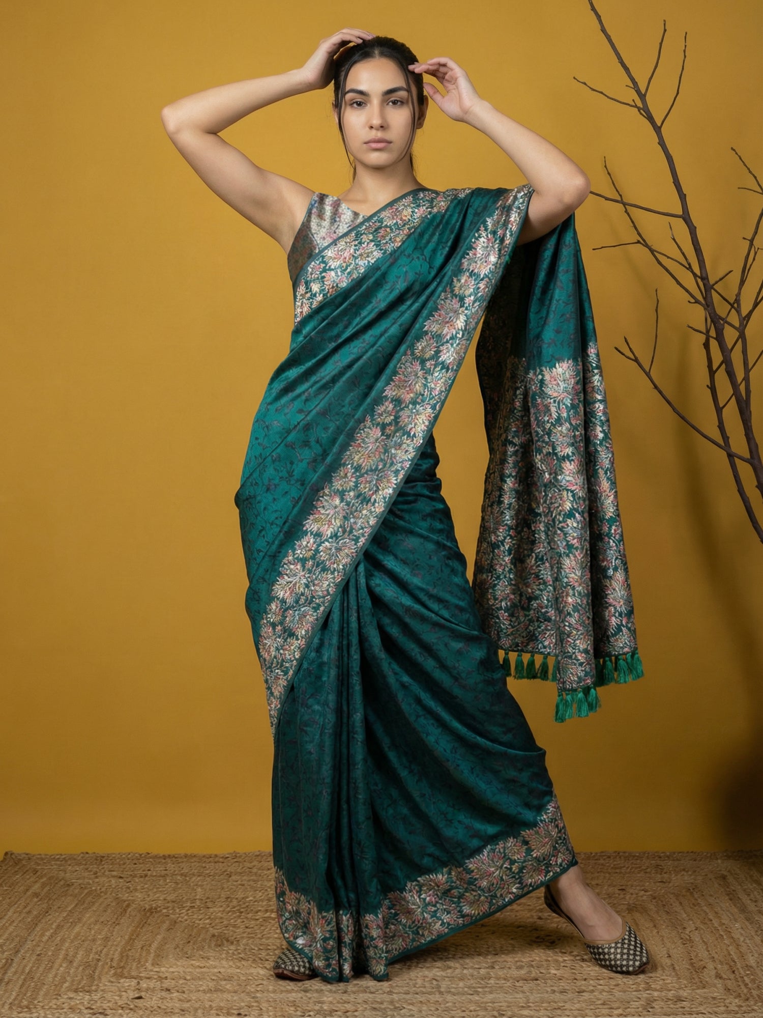 Rama Blue Soft Tropical Floral Printed Silk Saree