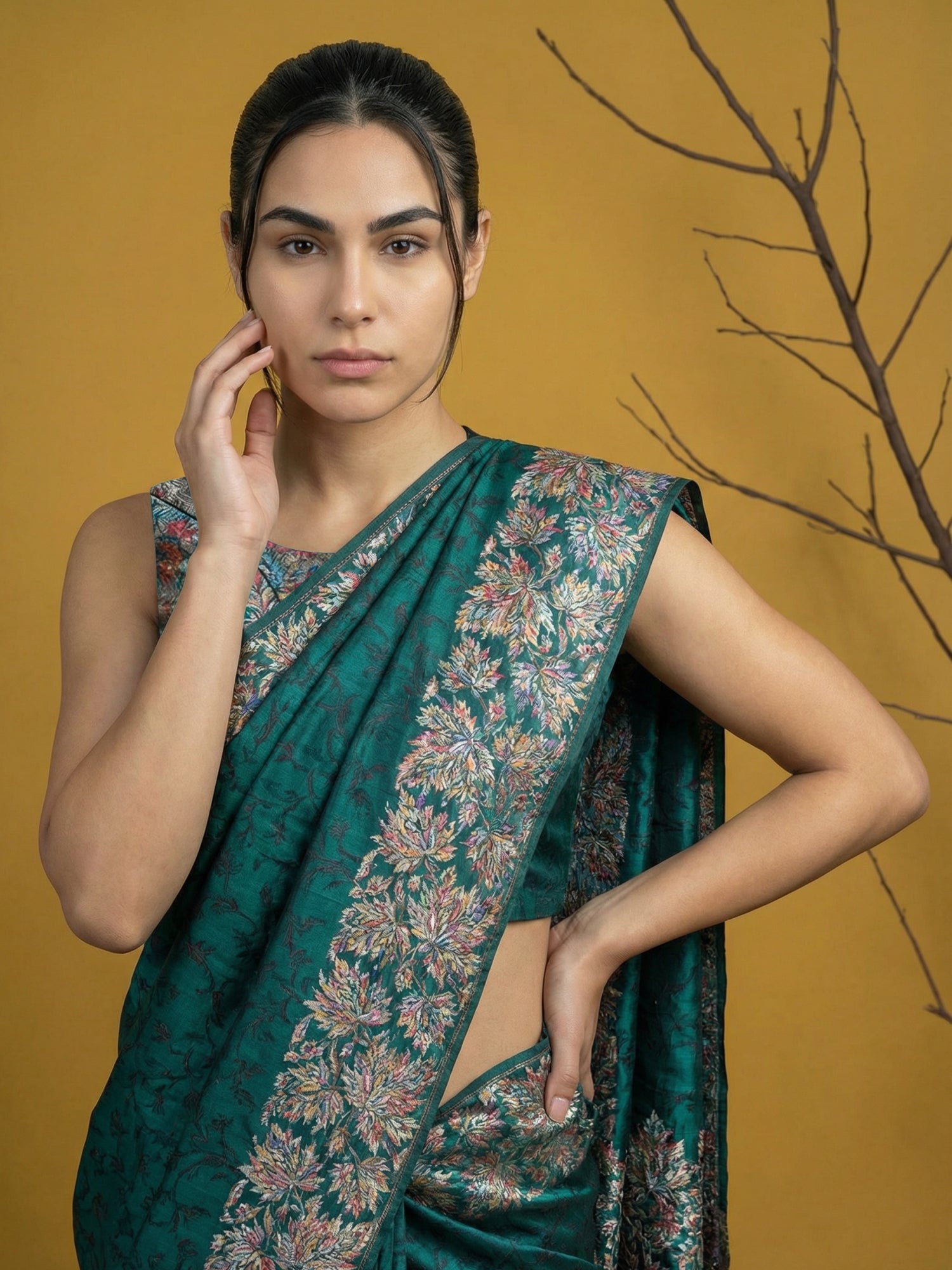 Rama Blue Soft Tropical Floral Printed Silk Saree