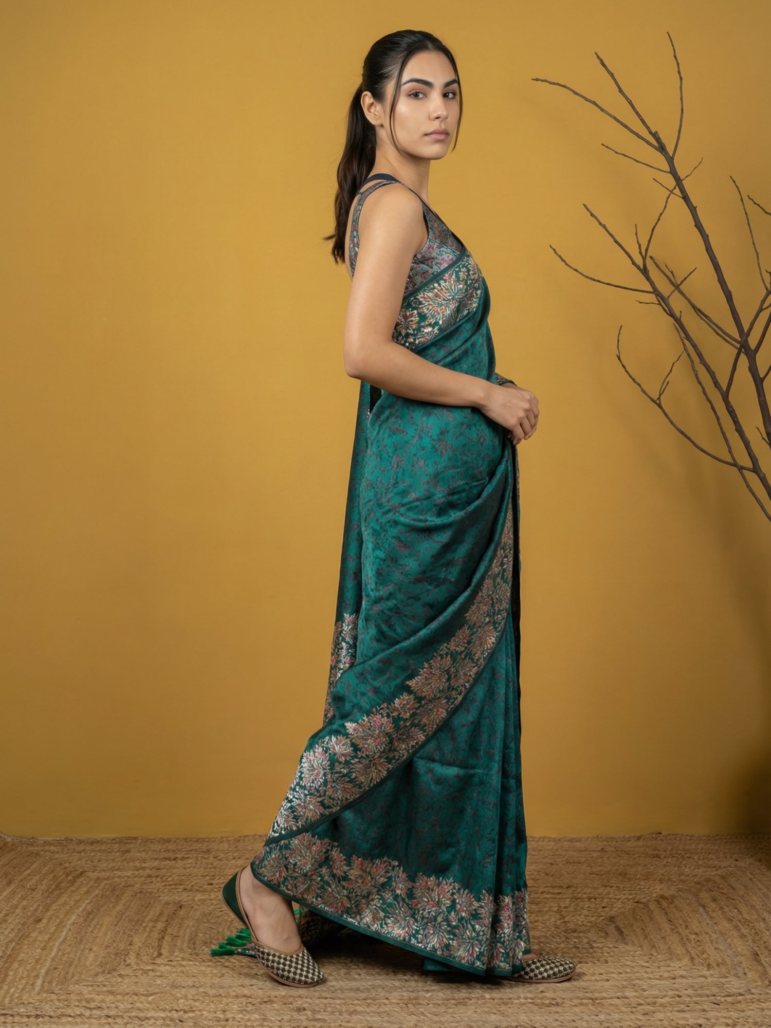 Rama Blue Soft Tropical Floral Printed Silk Saree