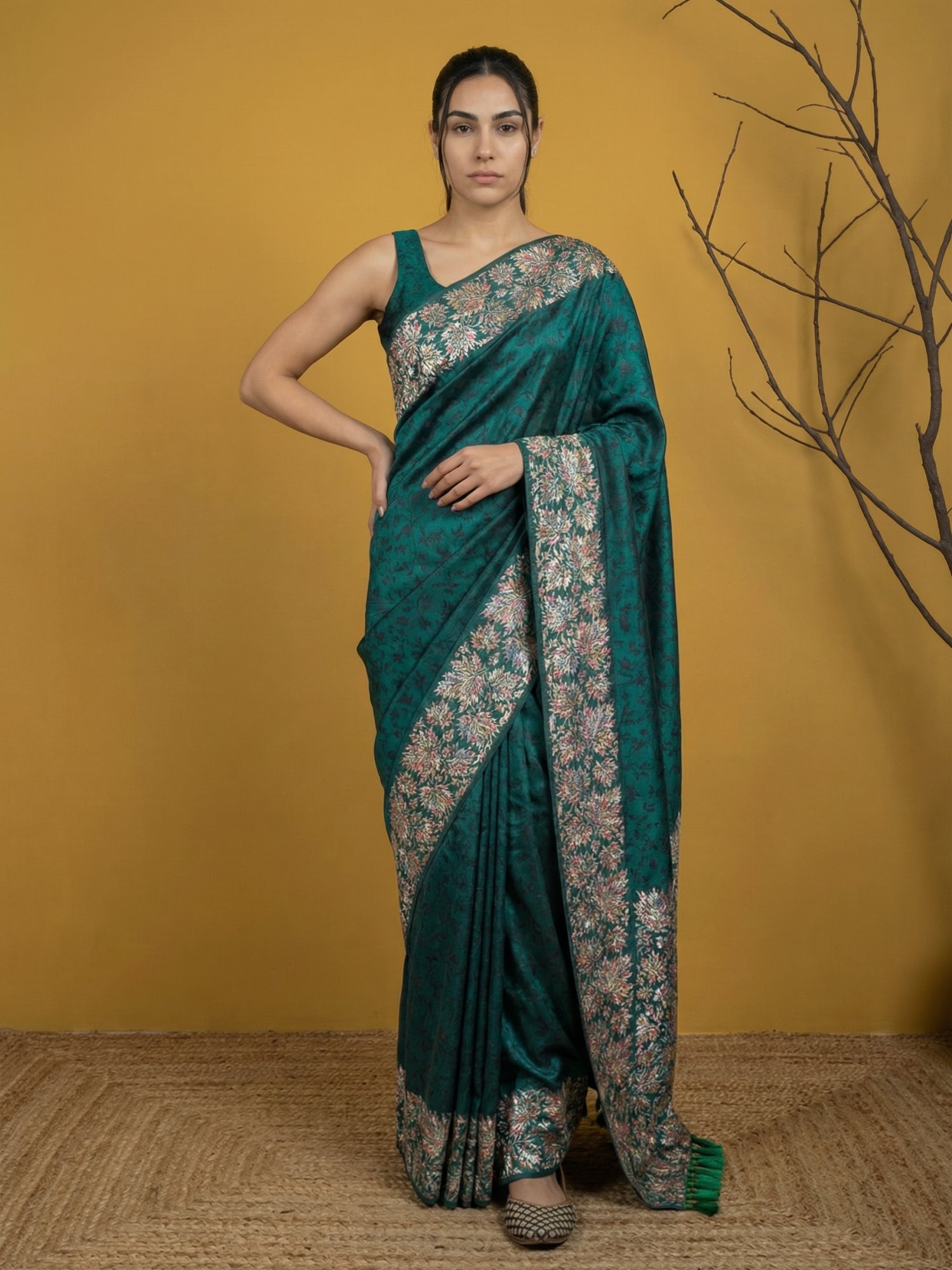 Rama Blue Soft Tropical Floral Printed Silk Saree