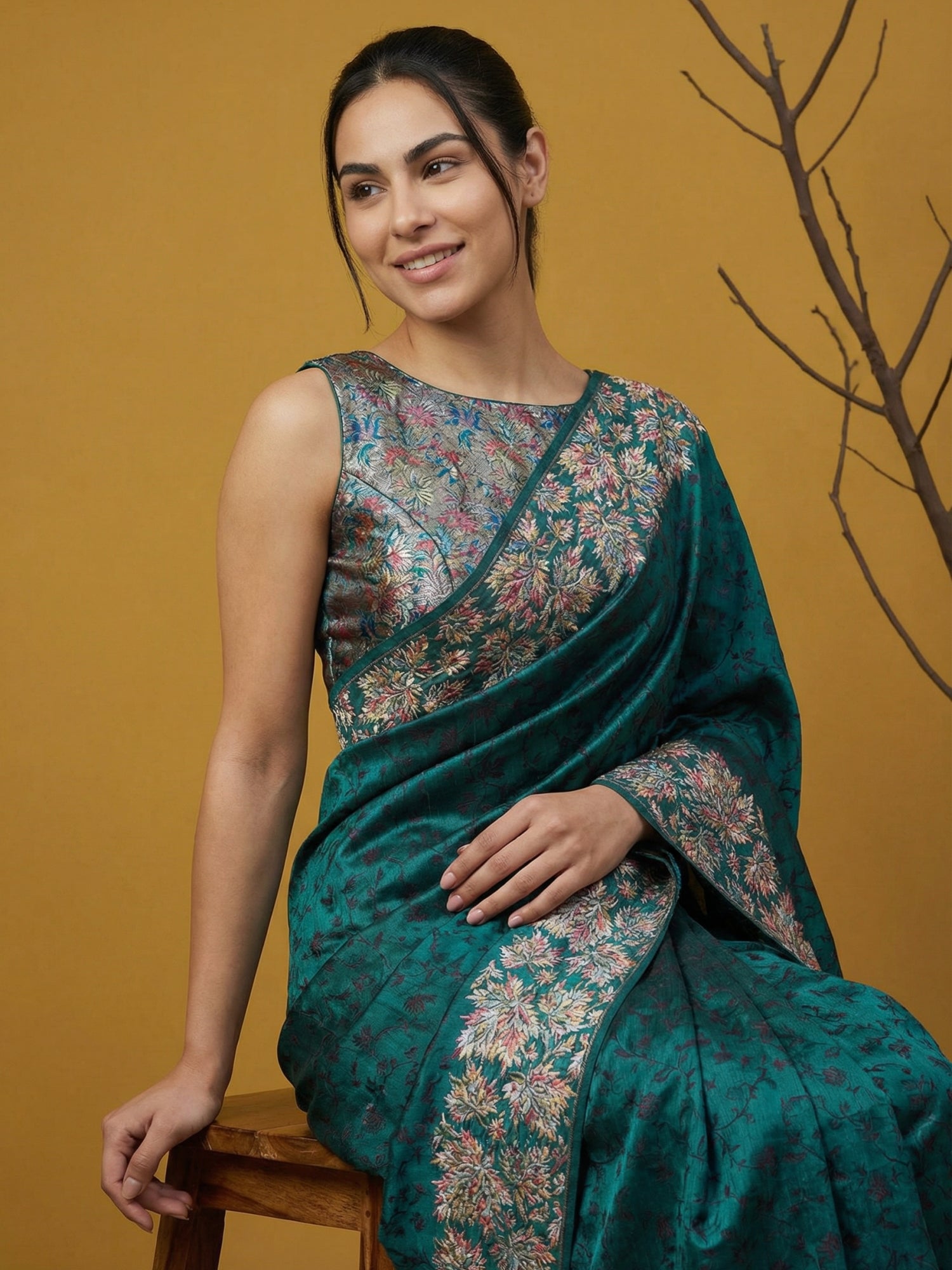Rama Blue Soft Tropical Floral Printed Silk Saree