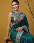 Rama Blue Soft Tropical Floral Printed Silk Saree