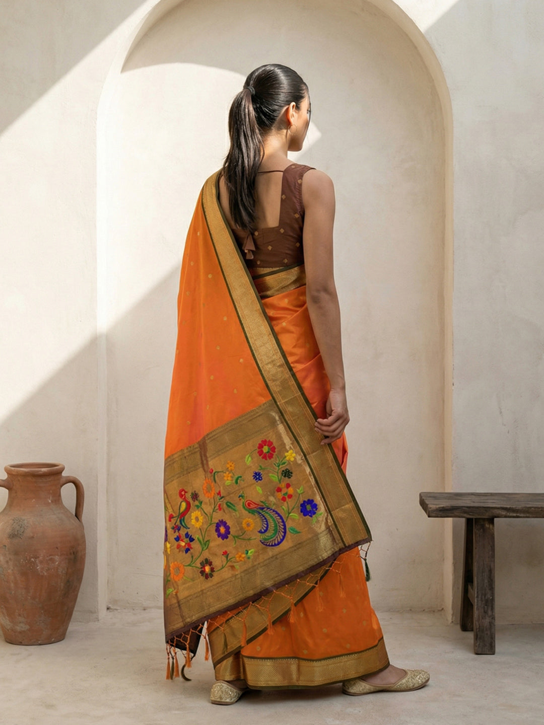 Orange Soft Traditional Paithani Silk Zari Woven Peacock Pattern Saree