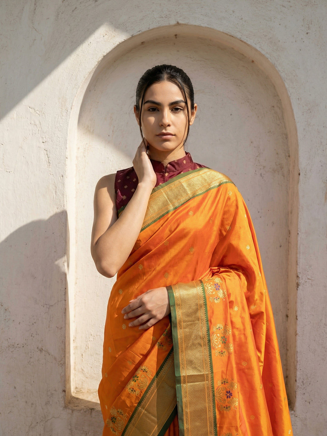 Orange Soft Traditional Paithani Silk Zari Woven Peacock Pattern Saree