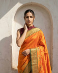 Orange Soft Traditional Paithani Silk Zari Woven Peacock Pattern Saree