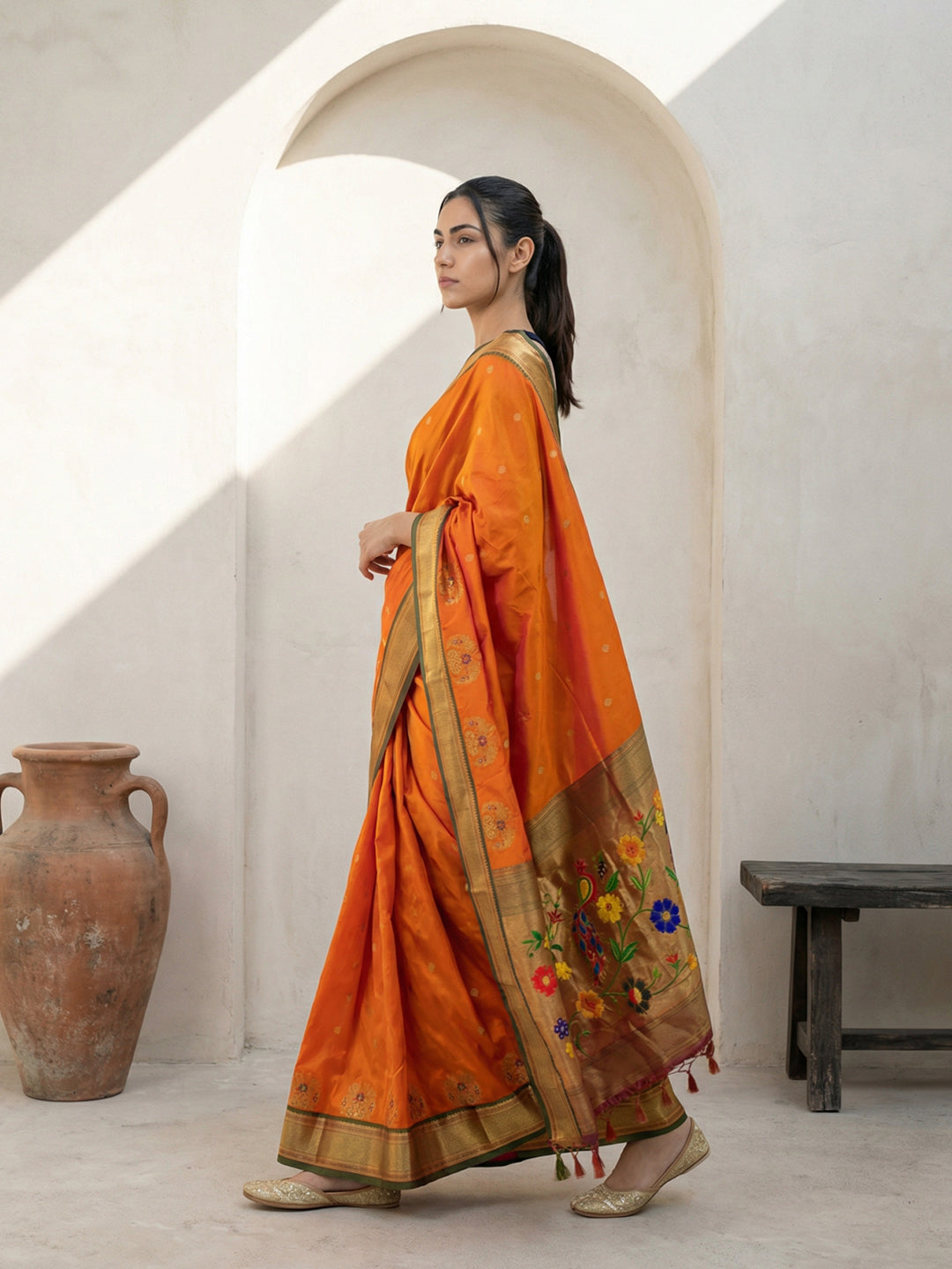 Orange Soft Traditional Paithani Silk Zari Woven Peacock Pattern Saree