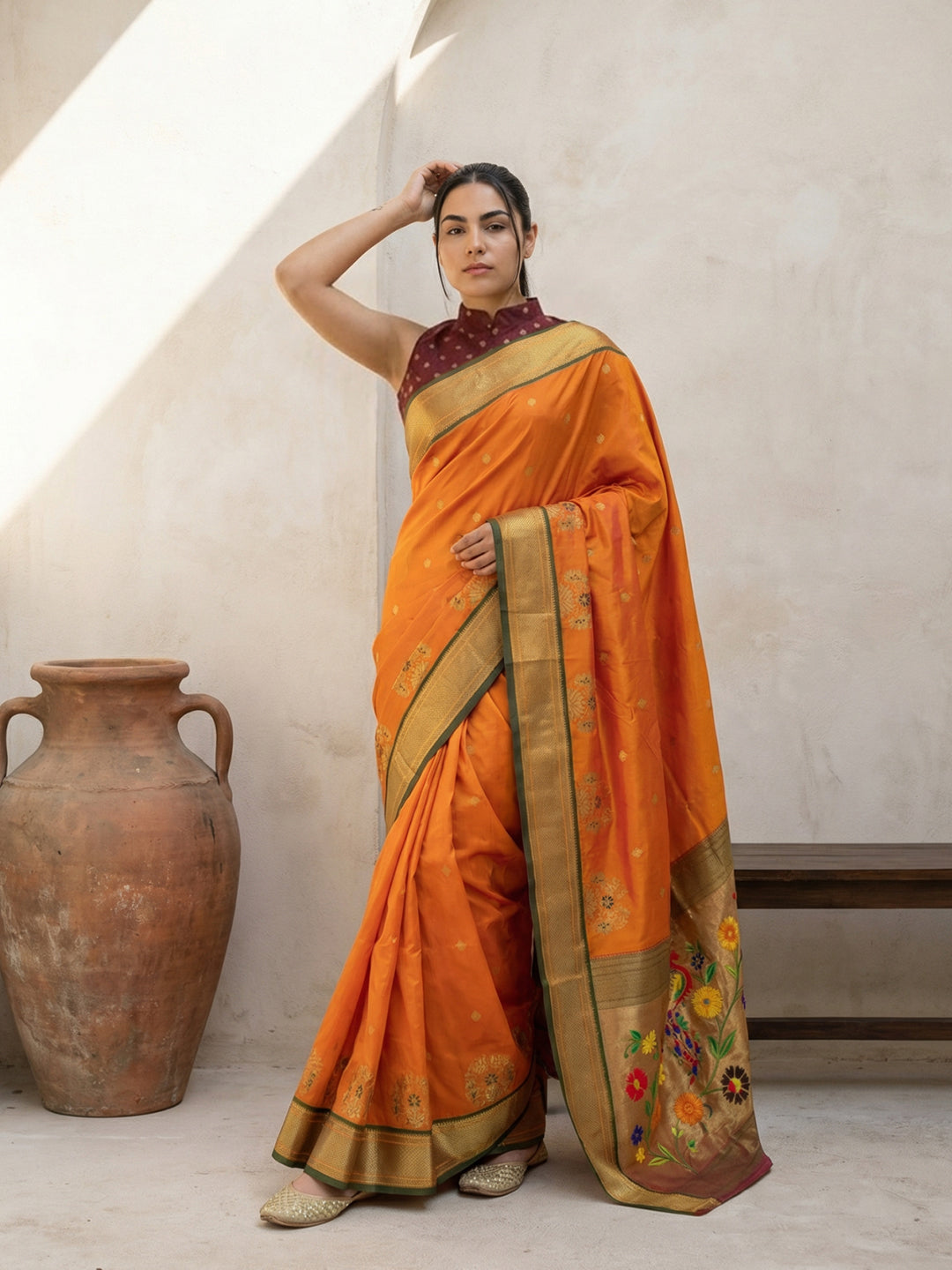 Orange Soft Traditional Paithani Silk Zari Woven Peacock Pattern Saree