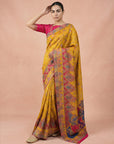 Mustard Yellow Premium Soft Viscose Silk Zari Woven & Detailed Floral Position Printed Pashmina Saree