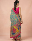 Blue Premium Soft Viscose Silk Zari Woven & Detailed Floral Position Printed Pashmina Saree