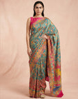 Blue Premium Soft Viscose Silk Zari Woven & Detailed Floral Position Printed Pashmina Saree