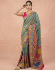Blue Premium Soft Viscose Silk Zari Woven & Detailed Floral Position Printed Pashmina Saree