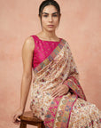 Cream Premium Soft Viscose Silk Zari Woven & Detailed Floral Poistion Printed Pashmina Saree