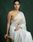 Yellow Soft Fendy Satin with Handwork Embroidery & Aari Work Saree