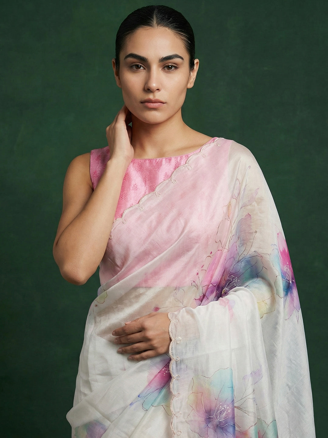 Pink Soft Fendy Satin with Handwork Embroidery &amp; Aari Work Saree