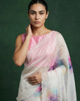 Pink Soft Fendy Satin with Handwork Embroidery & Aari Work Saree