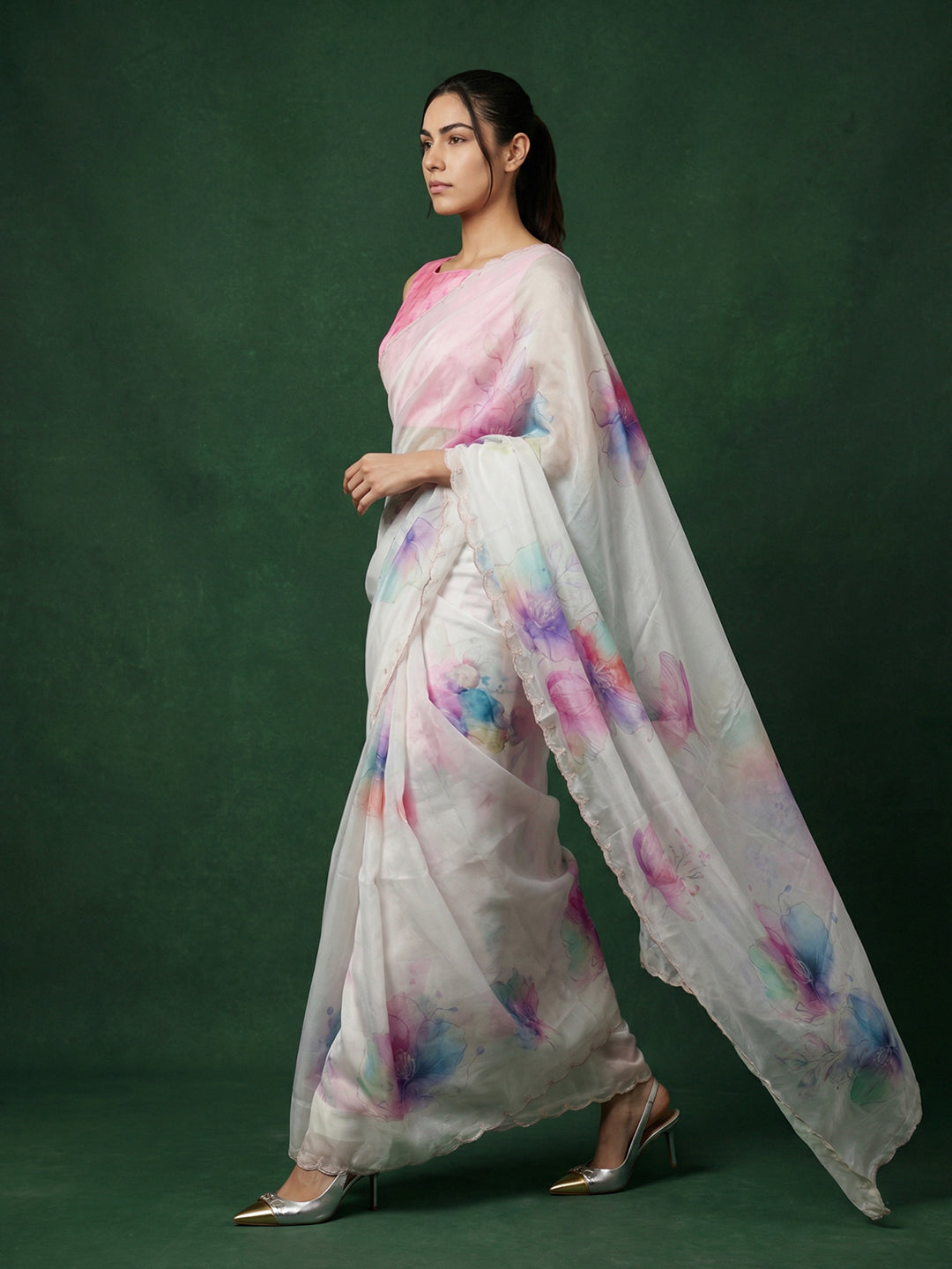 Pink Soft Fendy Satin with Handwork Embroidery &amp; Aari Work Saree