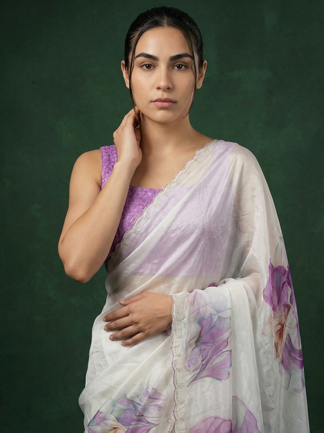 Lavender Soft Fendy Satin with Handwork Embroidery &amp; Aari Work Saree