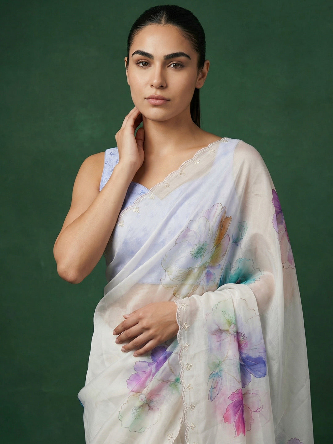 Sky Blue Soft Fendy Satin with Handwork Embroidery &amp; Aari Work Saree