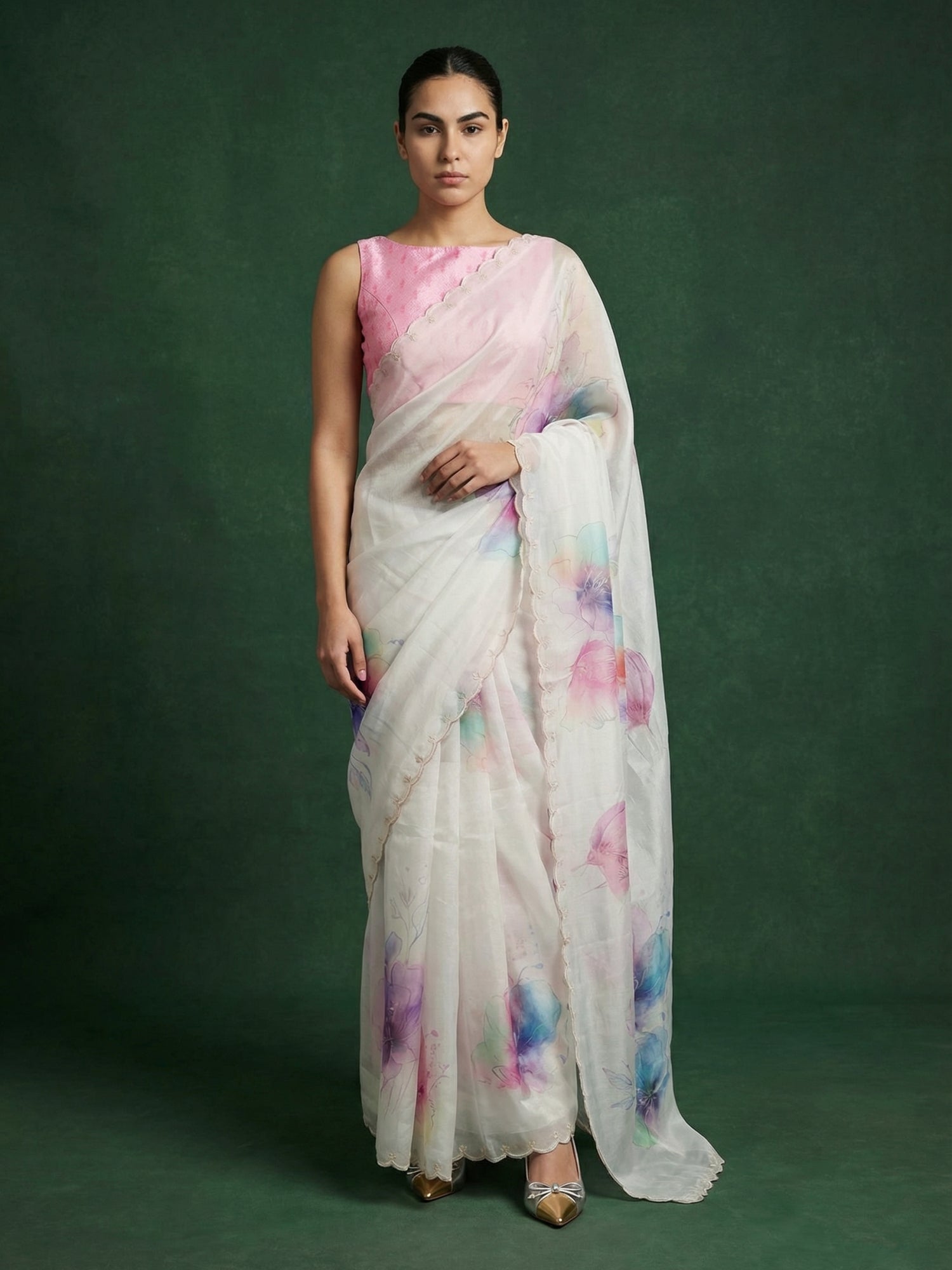 Pink Soft Fendy Satin with Handwork Embroidery &amp; Aari Work Saree