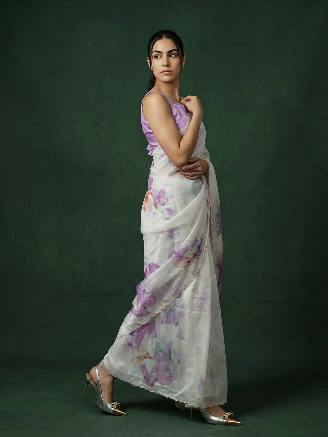 Lavender Soft Fendy Satin with Handwork Embroidery &amp; Aari Work Saree