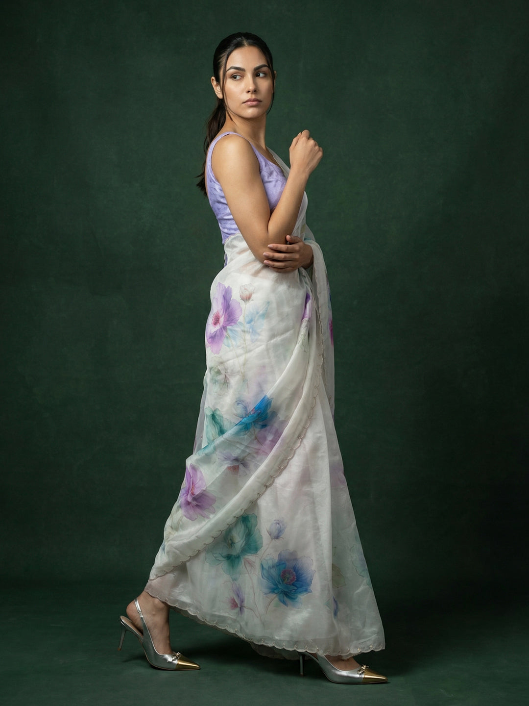 Sky Blue Soft Fendy Satin with Handwork Embroidery &amp; Aari Work Saree