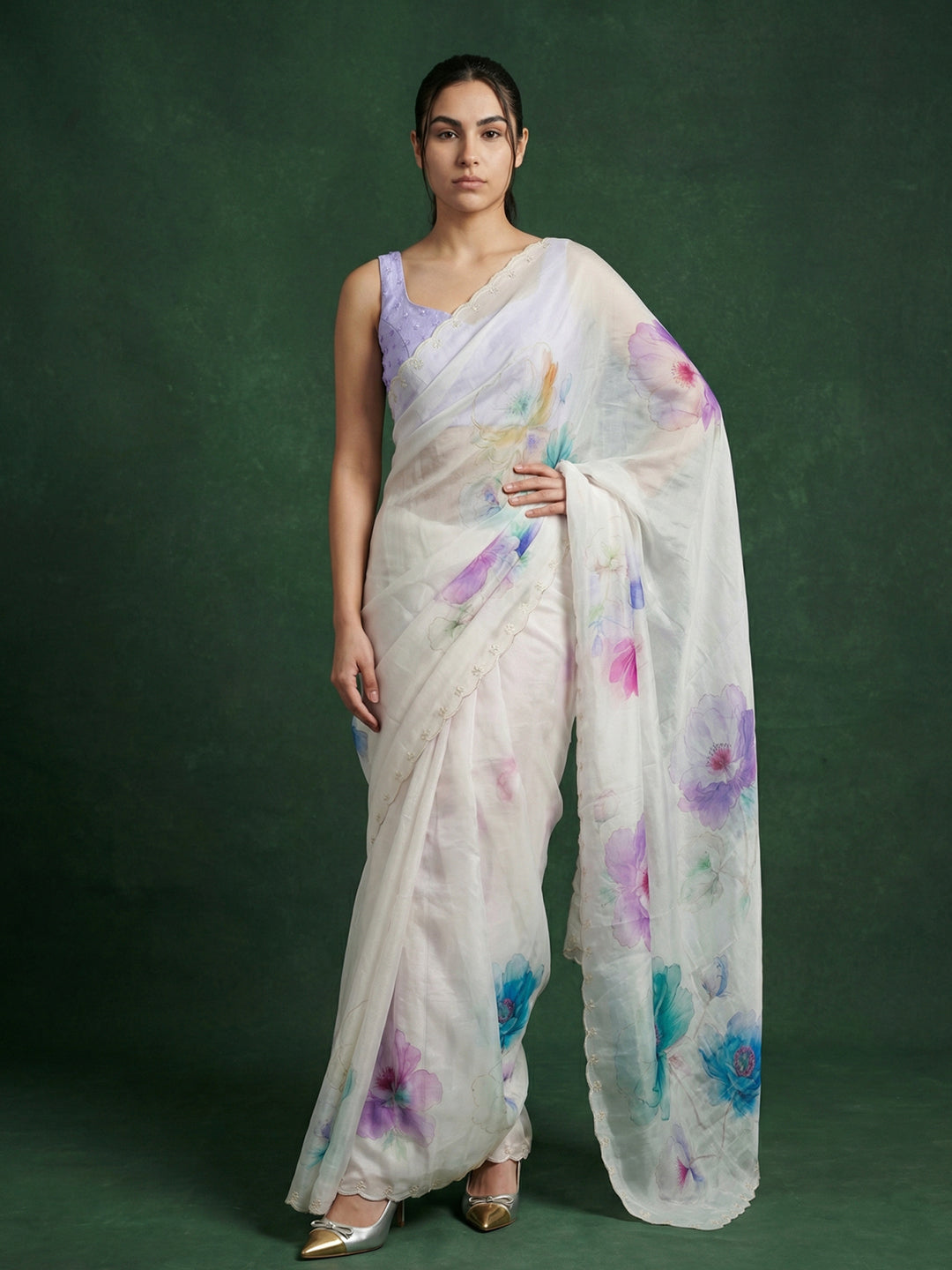 Sky Blue Soft Fendy Satin with Handwork Embroidery &amp; Aari Work Saree