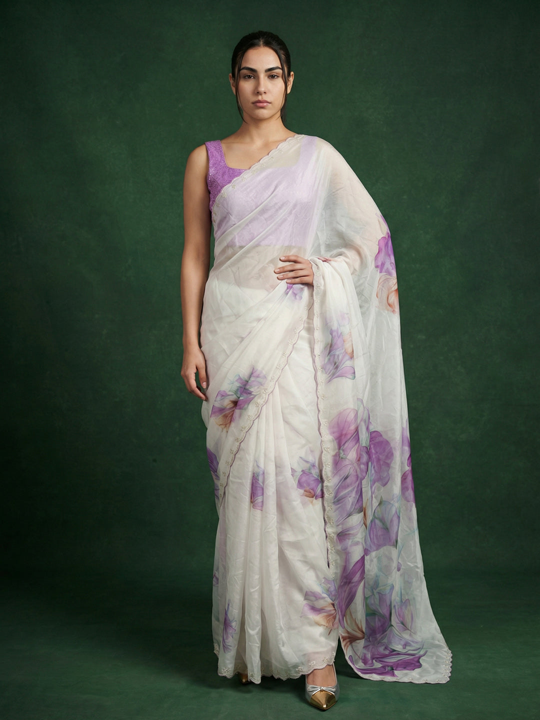 Lavender Soft Fendy Satin with Handwork Embroidery &amp; Aari Work Saree