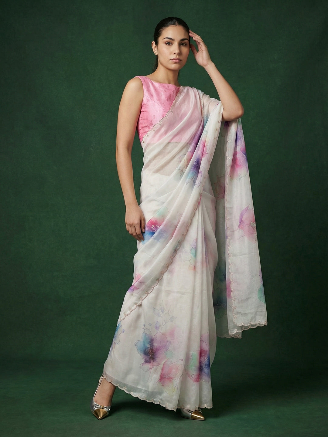 Pink Soft Fendy Satin with Handwork Embroidery &amp; Aari Work Saree