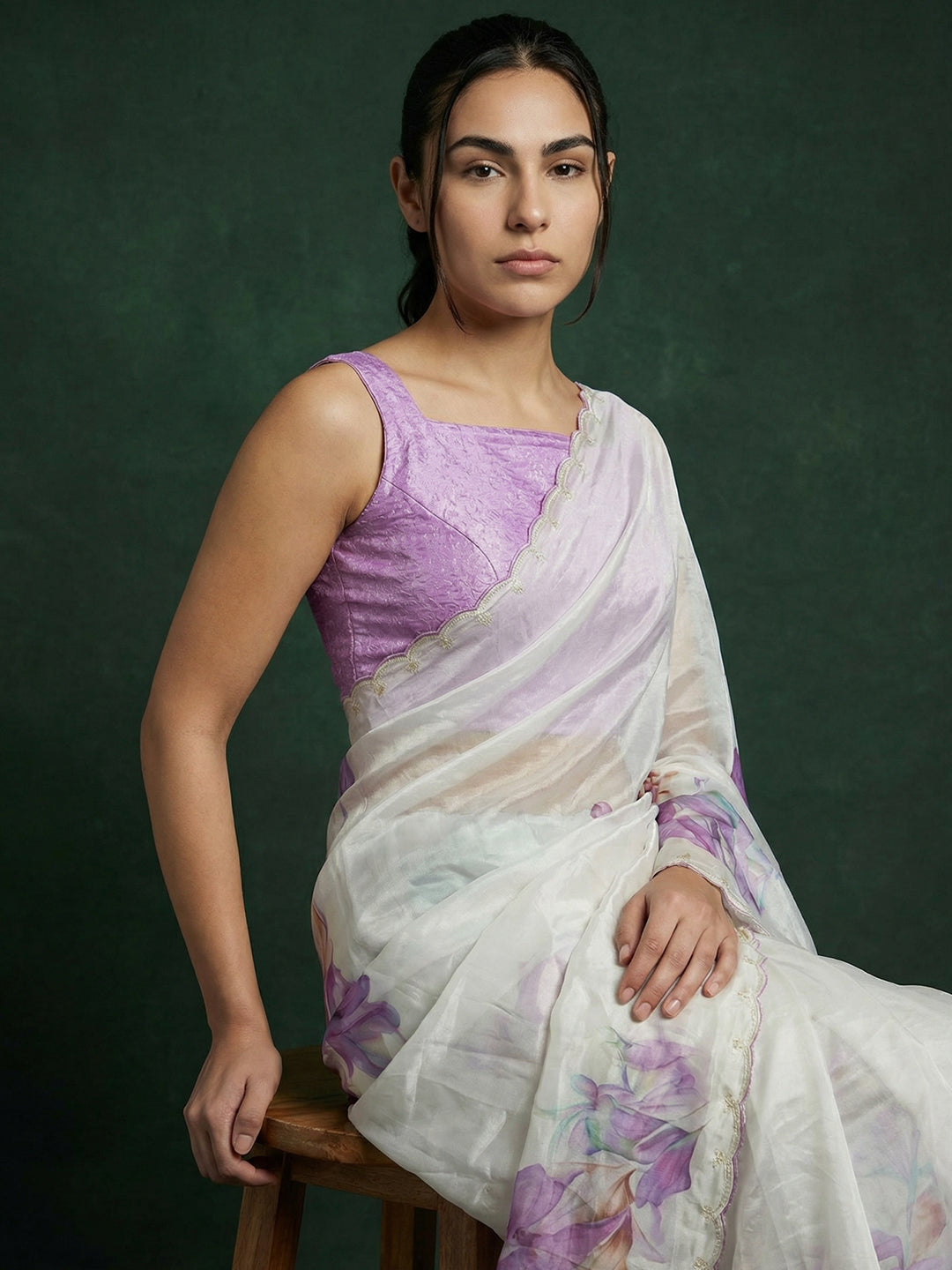 Lavender Soft Fendy Satin with Handwork Embroidery &amp; Aari Work Saree