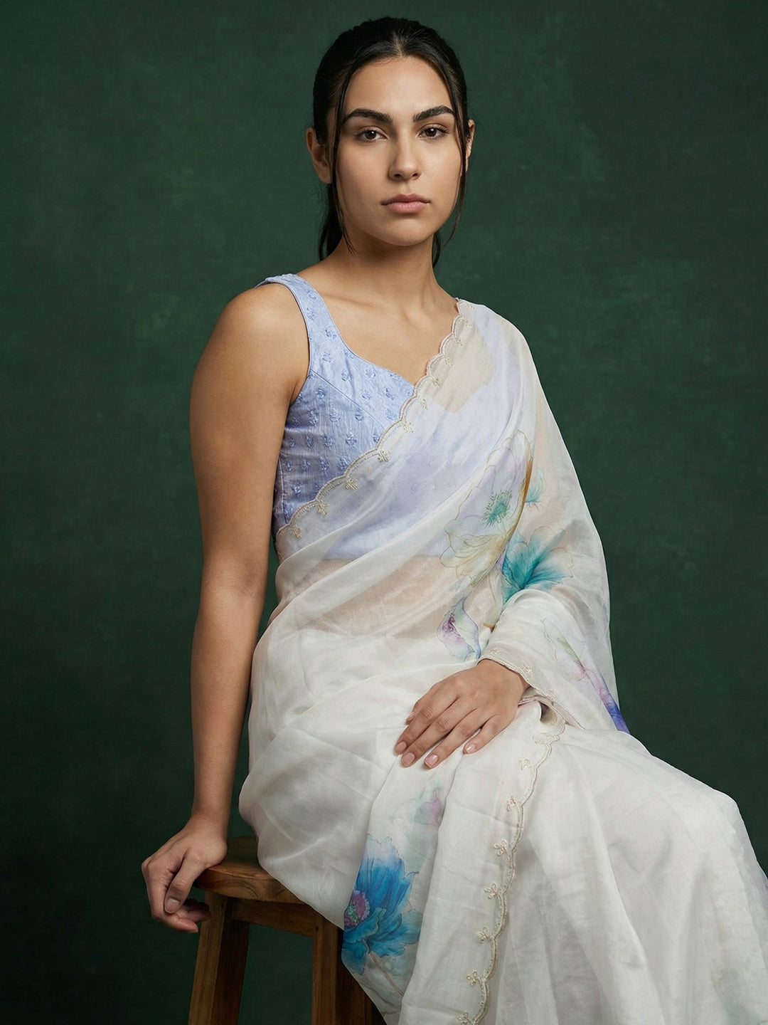 Sky Blue Soft Fendy Satin with Handwork Embroidery &amp; Aari Work Saree