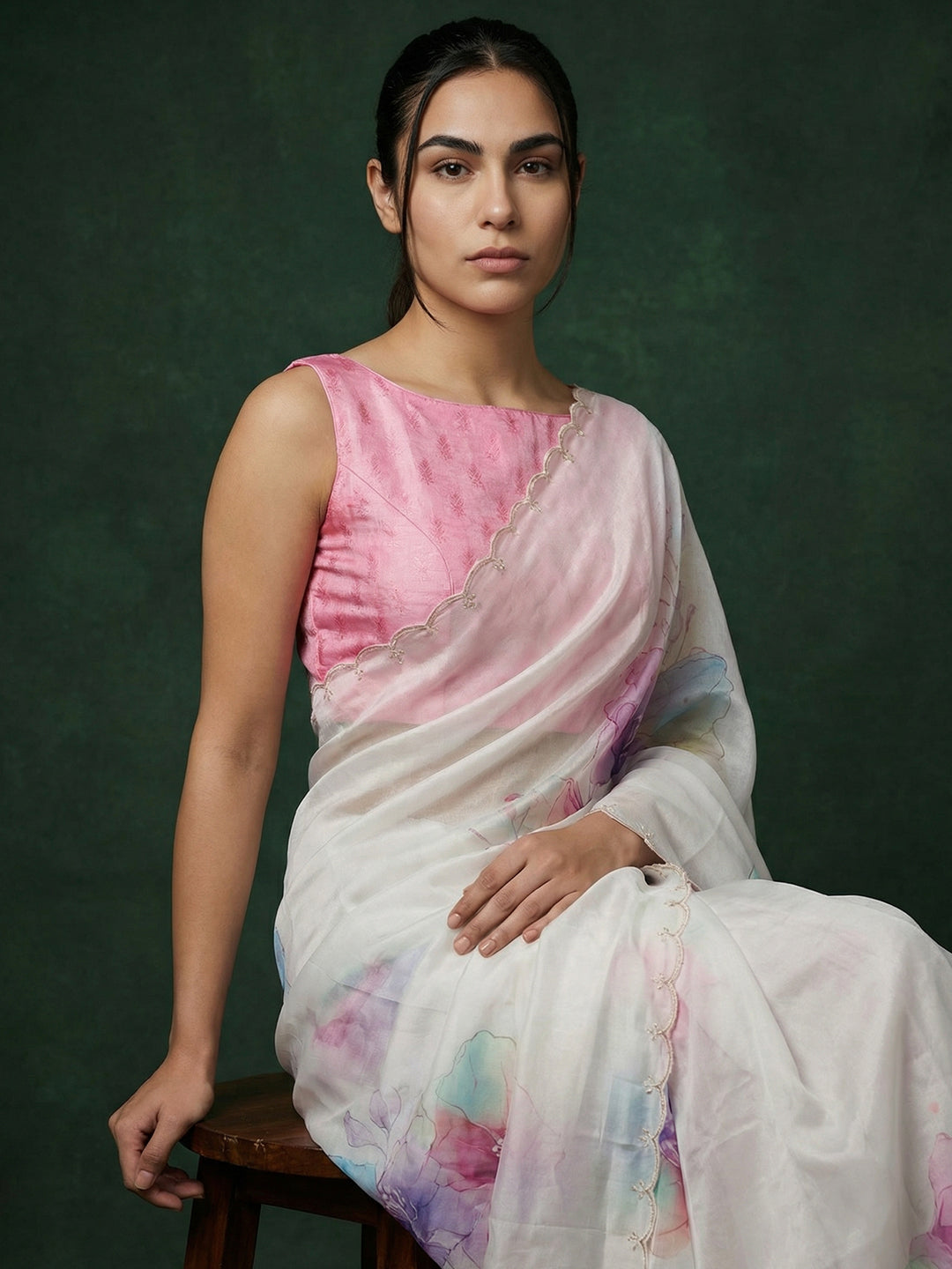 Pink Soft Fendy Satin with Handwork Embroidery &amp; Aari Work Saree