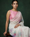 Pink Soft Fendy Satin with Handwork Embroidery & Aari Work Saree