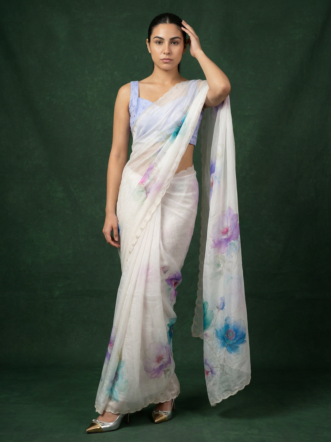 Sky Blue Soft Fendy Satin with Handwork Embroidery &amp; Aari Work Saree