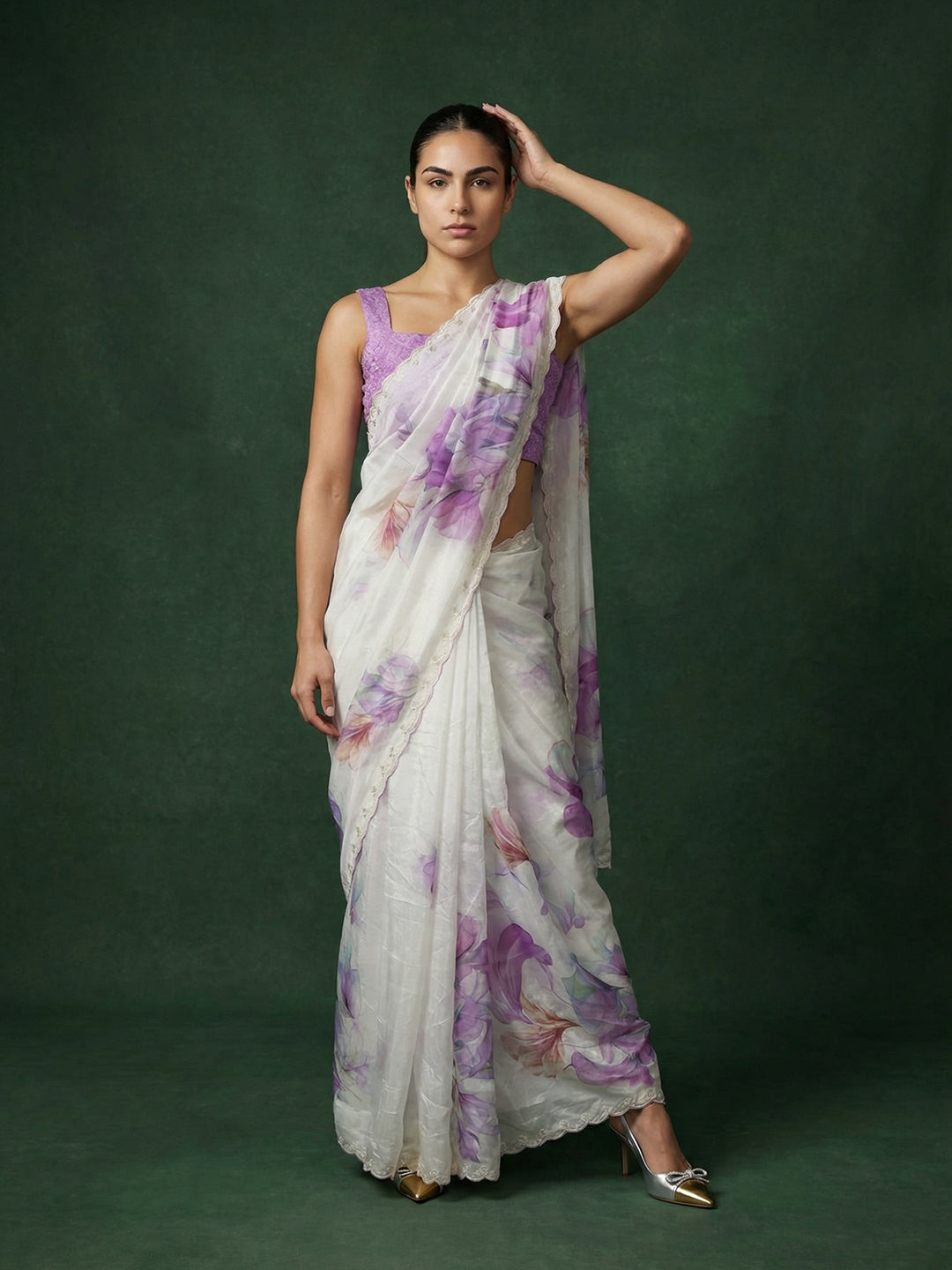 Lavender Soft Fendy Satin with Handwork Embroidery &amp; Aari Work Saree