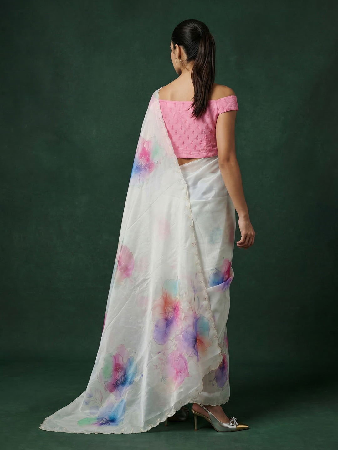 Pink Soft Fendy Satin with Handwork Embroidery &amp; Aari Work Saree