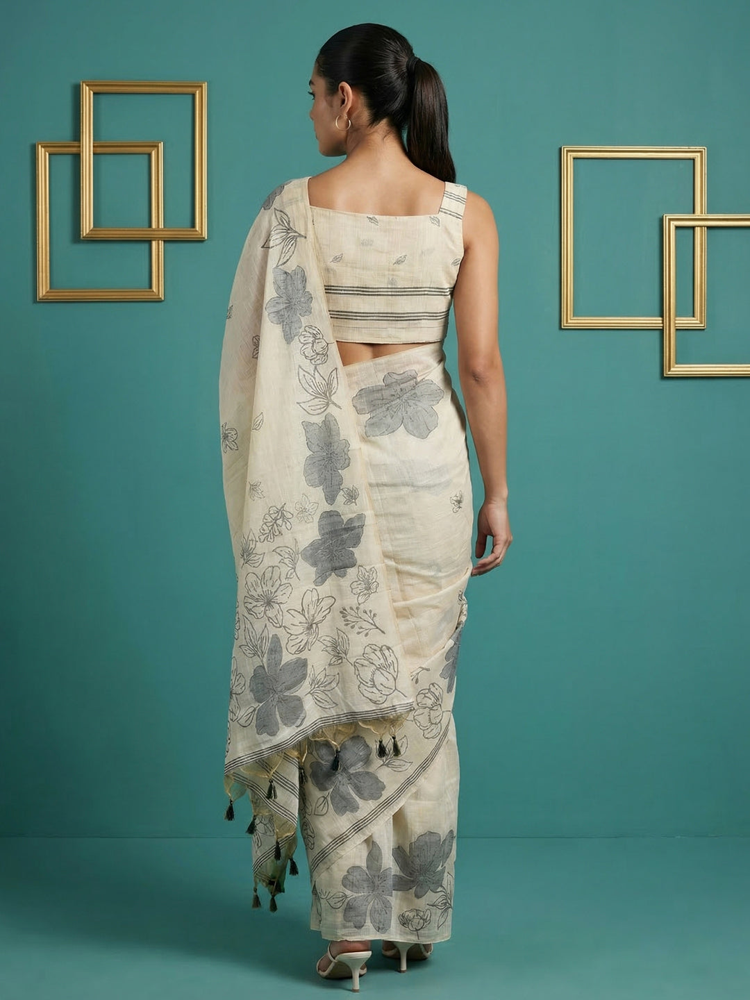 White Resham Soft Muga Cotton Floral Pencil Art Saree