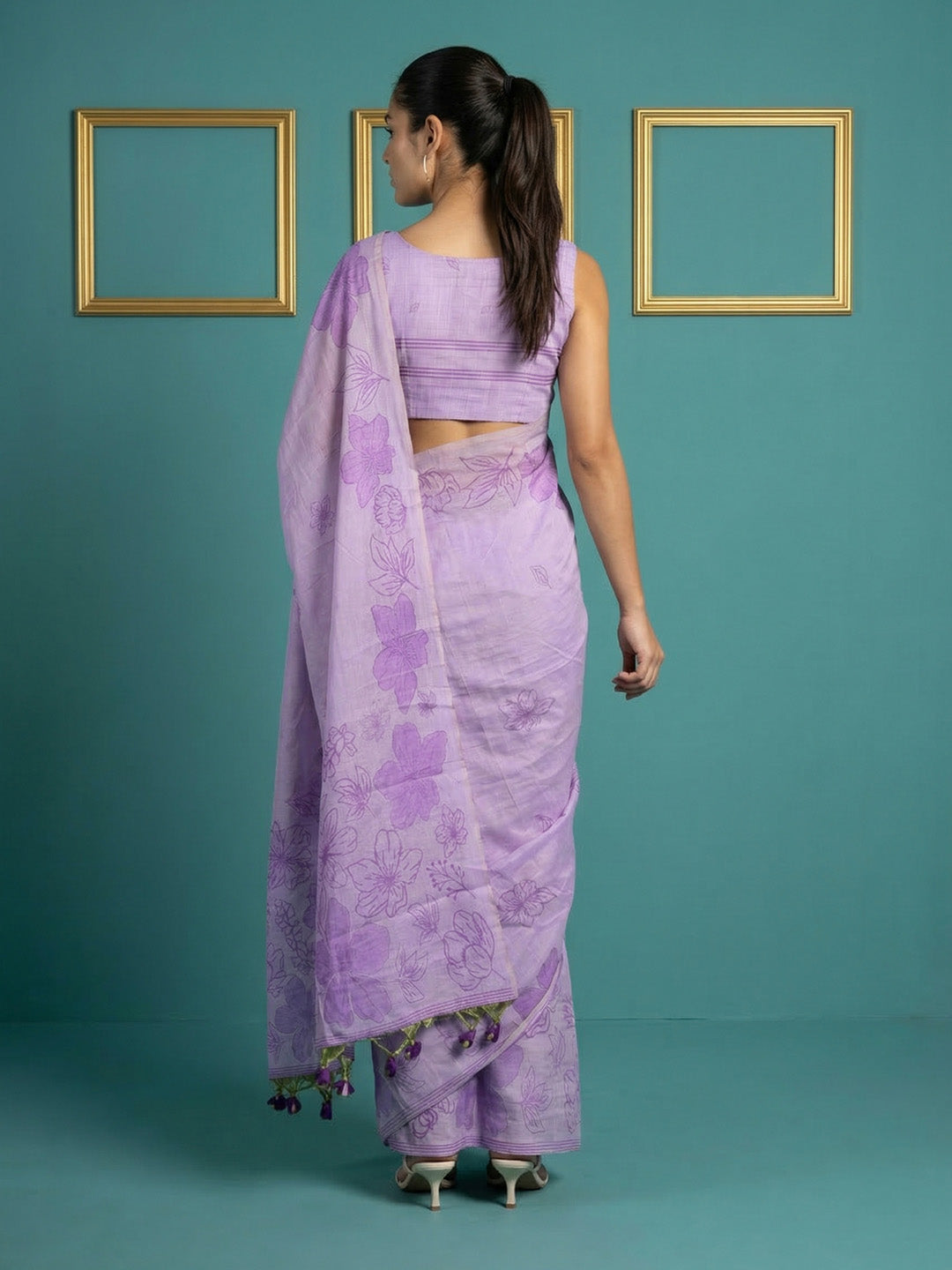 Lavender Resham Soft Muga Cotton Floral Pencil Art Saree